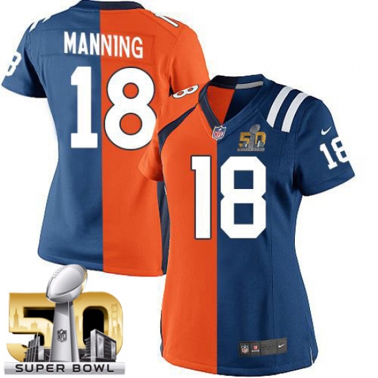 Women's Nike Denver Broncos 18 Peyton Manning Elite Navy Blue/White Split Fashion Super Bowl 50 Bound NFL Jersey