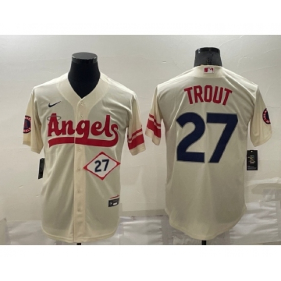 Men's Los Angeles Angels 27 Mike Trout Number Cream 2022 City Connect Cool Base Stitched Jersey