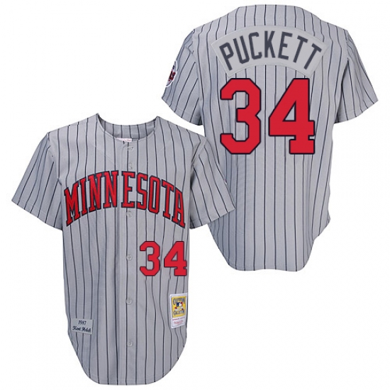 Men's Mitchell and Ness 1987 Minnesota Twins 34 Kirby Puckett Authentic Grey Throwback MLB Jersey