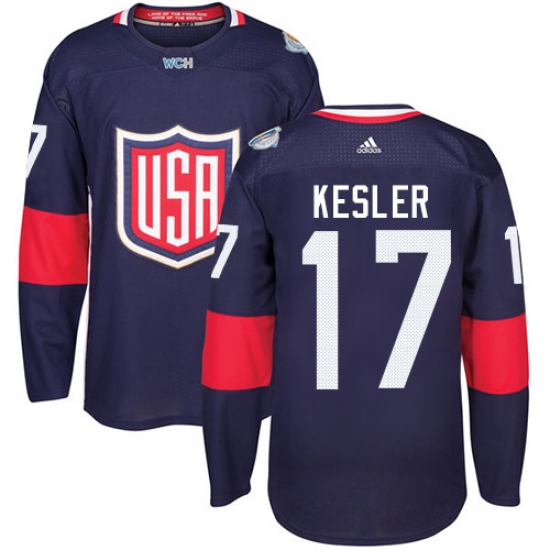 Youth Adidas Team USA 17 Ryan Kesler Premier Navy Blue Away 2016 World Cup Ice Hockey Jersey