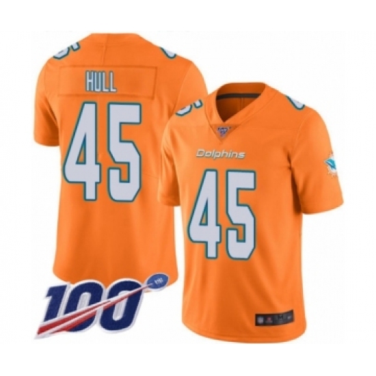 Men's Miami Dolphins 45 Mike Hull Limited Orange Rush Vapor Untouchable 100th Season Football Jersey
