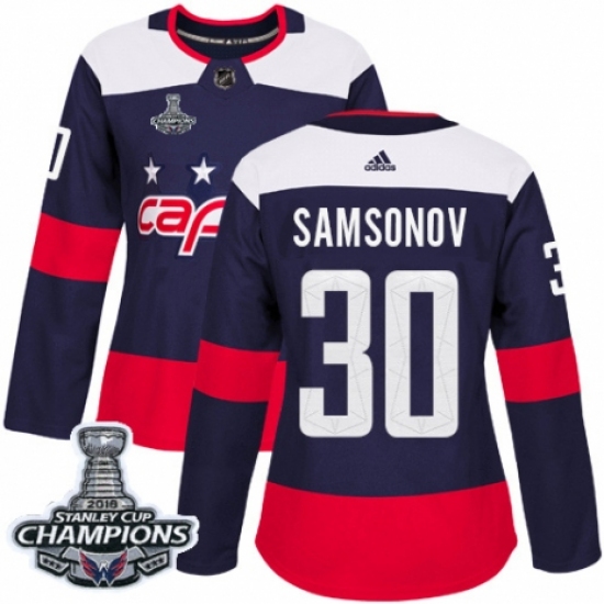 Women's Adidas Washington Capitals 30 Ilya Samsonov Authentic Navy Blue 2018 Stadium Series 2018 Stanley Cup Final Champions NHL Jersey