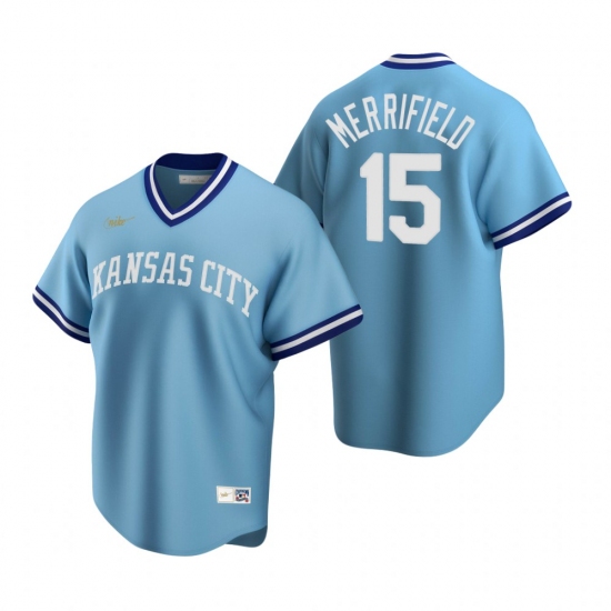 Men's Nike Kansas City Royals 15 Whit Merrifield Light Blue Cooperstown Collection Road Stitched Baseball Jersey