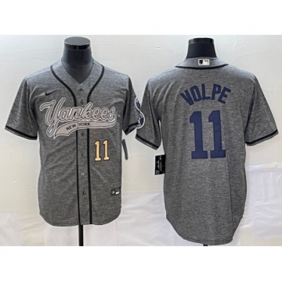 Men's New York Yankees 11 Anthony Volpe Number Grey Gridiron Cool Base Stitched Baseball Jersey