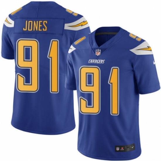Men's Nike Los Angeles Chargers 91 Justin Jones Limited Electric Blue Rush Vapor Untouchable NFL Jersey