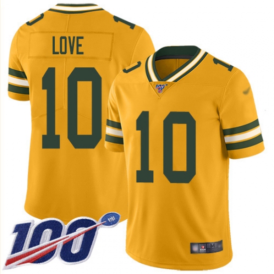 Youth Green Bay Packers 10 Jordan Love Gold Stitched NFL Limited Inverted Legend 100th Season Jersey