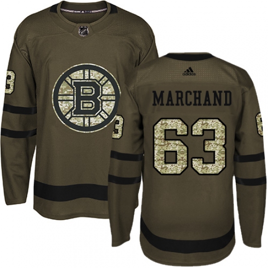 Men's Adidas Boston Bruins 63 Brad Marchand Authentic Green Salute to Service NHL Jersey