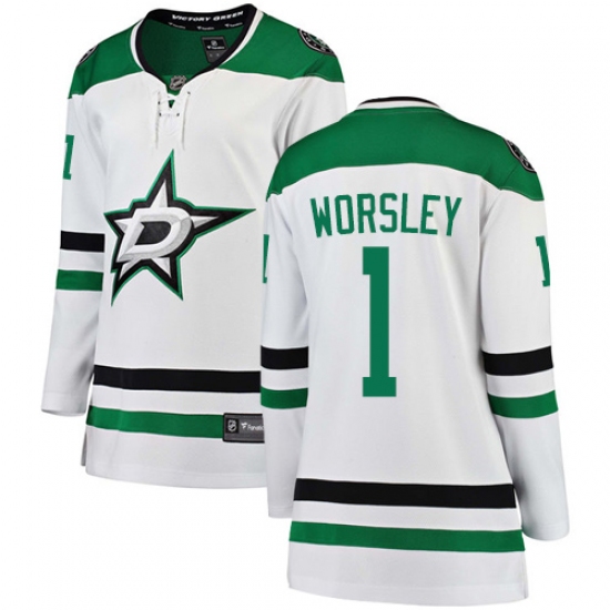Women's Dallas Stars 1 Gump Worsley Authentic White Away Fanatics Branded Breakaway NHL Jersey
