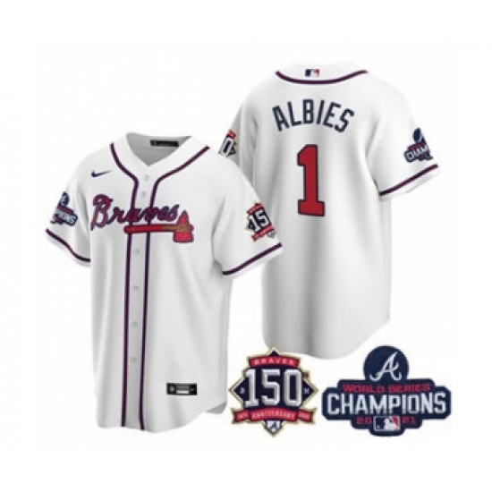 Men's Atlanta Braves 1 Ozzie Albies 2021 White World Series Champions With 150th Anniversary Patch Cool Base Stitched Jersey