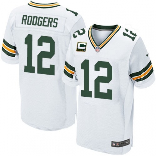 Men's Nike Green Bay Packers 12 Aaron Rodgers Elite White C Patch NFL Jersey