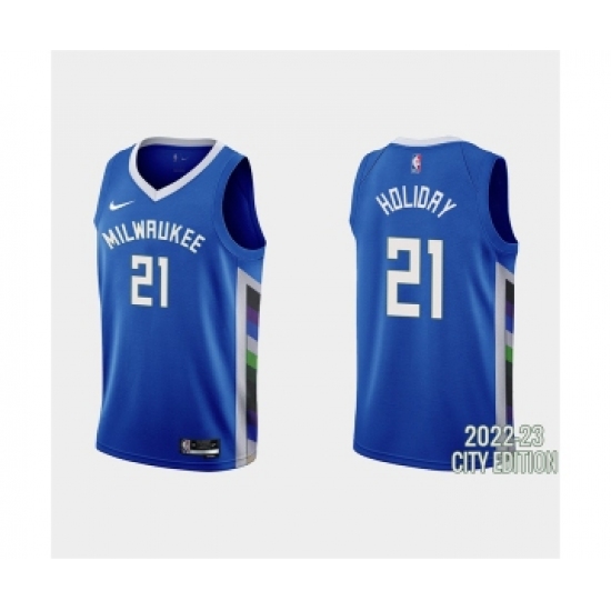 Men's Milwaukee Bucks 21 Jrue Holiday 2022-23 City Edition Blue Stitched Basketball Jersey