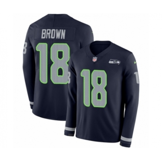 Youth Nike Seattle Seahawks 18 Jaron Brown Limited Navy Blue Therma Long Sleeve NFL Jersey