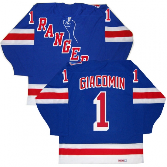 Men's CCM New York Rangers 1 Eddie Giacomin Authentic Royal Blue New Throwback NHL Jersey