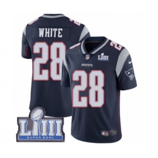 Youth Nike New England Patriots 28 James White Navy Blue Team Color Vapor Untouchable Limited Player Super Bowl LIII Bound NFL Jersey