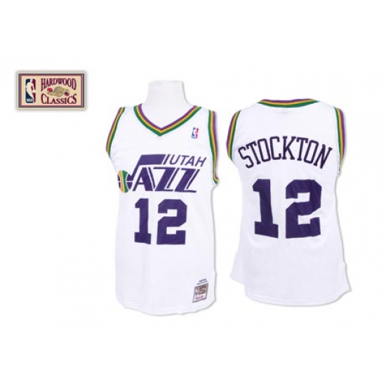 Men's Mitchell and Ness Utah Jazz 12 John Stockton Authentic White Throwback NBA Jersey