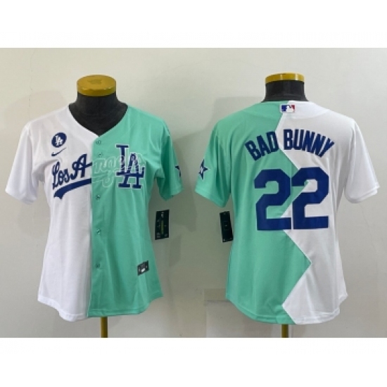 Women's Los Angeles Dodgers 22 Bad Bunny White Green Two Tone 2022 Celebrity Softball Game Cool Base Jersey2