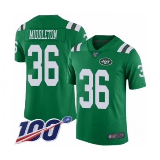 Men's New York Jets 36 Doug Middleton Limited Green Rush Vapor Untouchable 100th Season Football Jersey