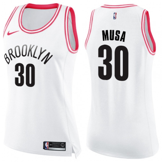 Women's Nike Brooklyn Nets 30 Dzanan Musa Swingman White Pink Fashion NBA Jersey