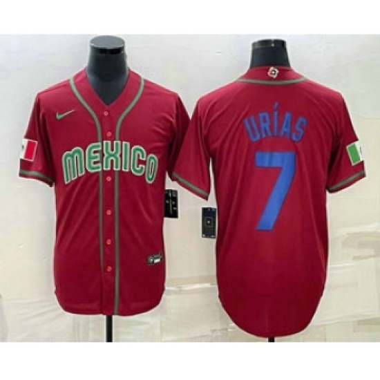 Mens Mexico Baseball 7 Julio Urias 2023 Red Blue World Baseball Classic Stitched Jersey