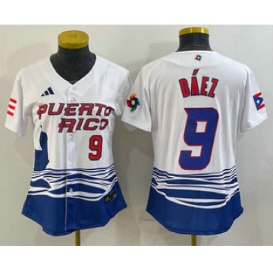Womens Puerto Rico Baseball 9 Javier Baez Number White 2023 World Baseball Classic Stitched Jersey