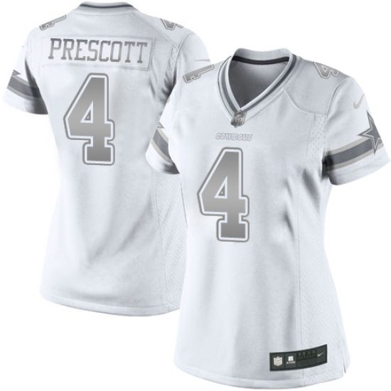 Women's Nike Dallas Cowboys 4 Dak Prescott Limited White Platinum NFL Jersey