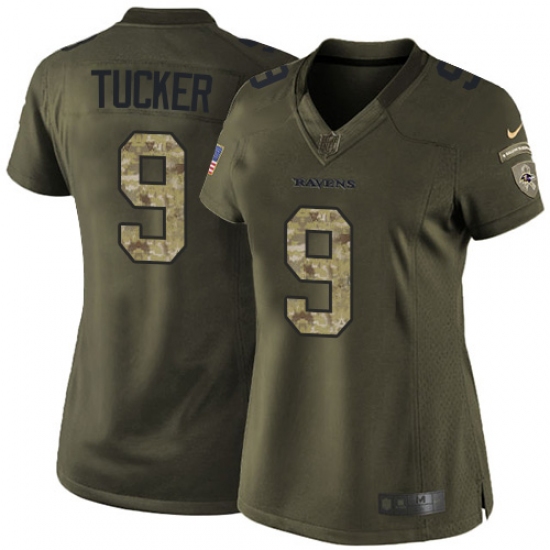 Women's Nike Baltimore Ravens 9 Justin Tucker Elite Green Salute to Service NFL Jersey