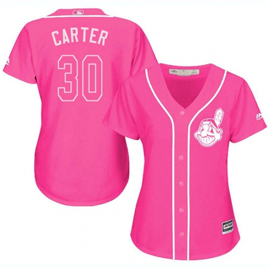 Women's Majestic Cleveland Indians 30 Joe Carter Replica Pink Fashion Cool Base MLB Jersey