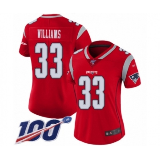 Women's New England Patriots 33 Joejuan Williams Limited Red Inverted Legend 100th Season Football Jersey