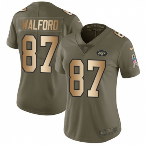 Women's Nike New York Jets 87 Clive Walford Limited Olive Gold 2017 Salute to Service NFL Jersey
