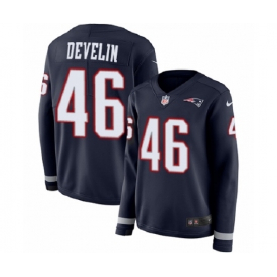 Women's Nike New England Patriots 46 James Develin Limited Navy Blue Therma Long Sleeve NFL Jersey
