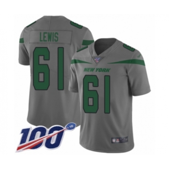 Men's New York Jets 61 Alex Lewis Limited Gray Inverted Legend 100th Season Football Jersey