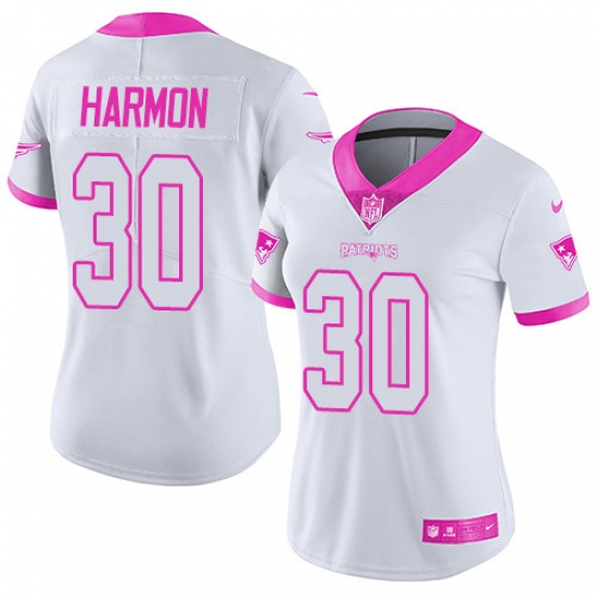 Women's Nike New England Patriots 30 Duron Harmon Limited White/Pink Rush Fashion NFL Jersey