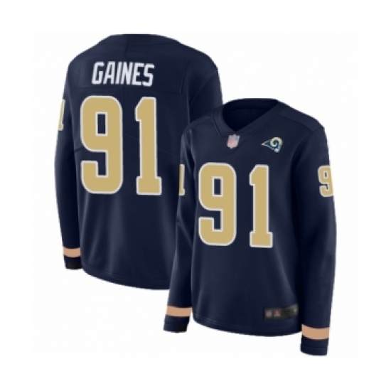 Women's Los Angeles Rams 91 Greg Gaines Limited Navy Blue Therma Long Sleeve Football Jersey