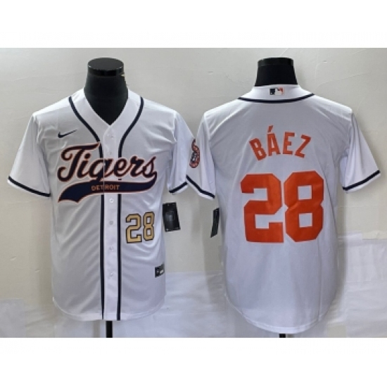 Men's Detroit Tigers 28 Javier Baez Number White Cool Base Stitched Baseball Jersey