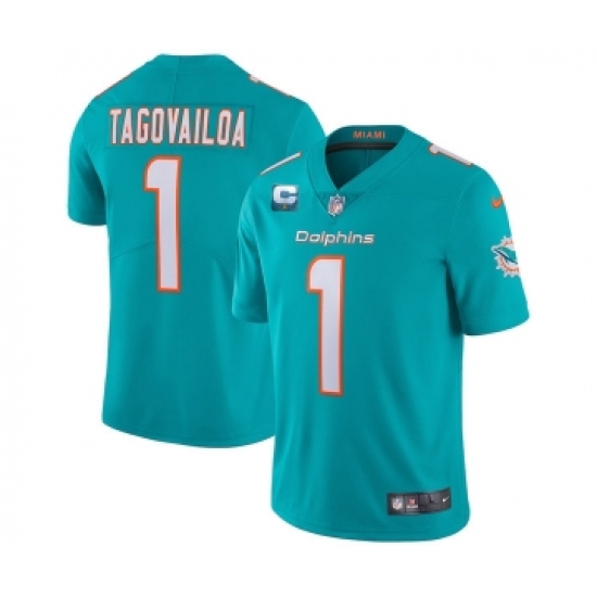 Men's Miami Dolphins 2022 1 Tua Tagovailoa Aqua With 1-star C Patch Vapor Limited Stitched NFL Jersey
