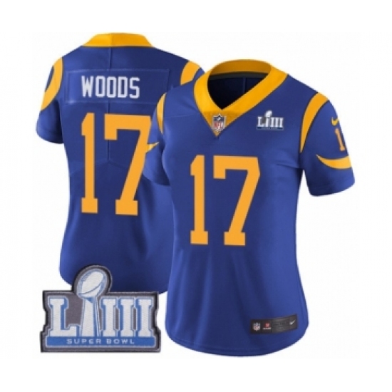 Women's Nike Los Angeles Rams 17 Robert Woods Royal Blue Alternate Vapor Untouchable Limited Player Super Bowl LIII Bound NFL Jersey