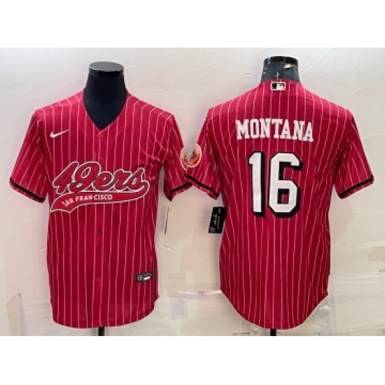 Men's San Francisco 49ers 16 Joe Montana Red Pinstripe Color Rush With Patch Cool Base Stitched Baseball Jersey