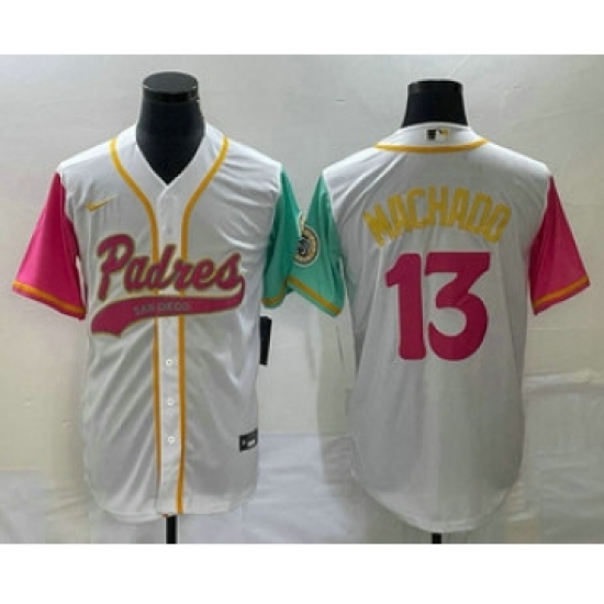 Men's San Diego Padres 13 Manny Machado White NEW 2023 City Connect Cool Base Stitched Jersey 1