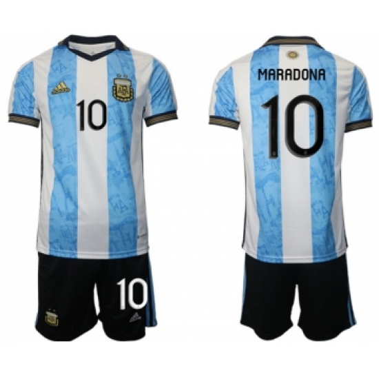 Men's Argentina 10 Diego Maradona White Blue Home Soccer Jersey Suit