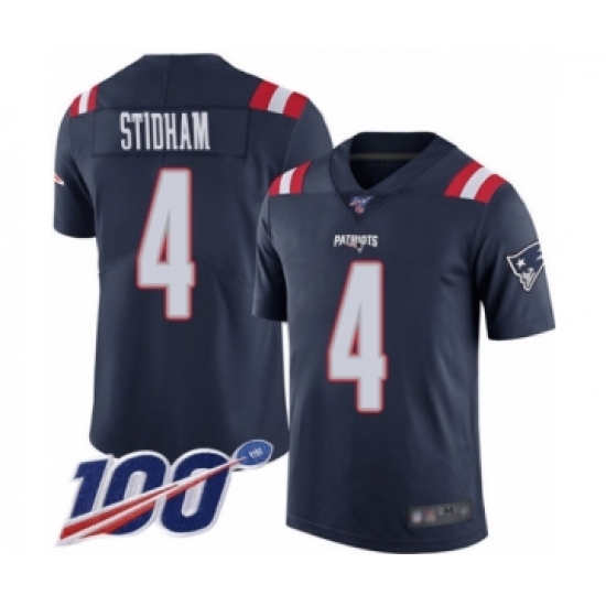 Men's New England Patriots 4 Jarrett Stidham Limited Navy Blue Rush Vapor Untouchable 100th Season Football Jersey