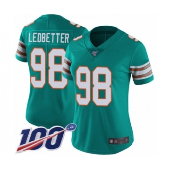 Women's Miami Dolphins 98 Jonathan Ledbetter Aqua Green Alternate Vapor Untouchable Limited Player 100th Season Football Jersey