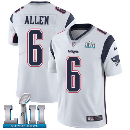 Youth Nike New England Patriots 6 Ryan Allen White Vapor Untouchable Limited Player Super Bowl LII NFL Jersey