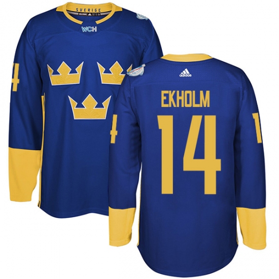 Men's Adidas Team Sweden 14 Mattias Ekholm Premier Royal Blue Away 2016 World Cup of Hockey Jersey