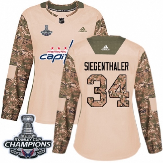 Women's Adidas Washington Capitals 34 Jonas Siegenthaler Authentic Camo Veterans Day Practice 2018 Stanley Cup Final Champions NHL Jersey