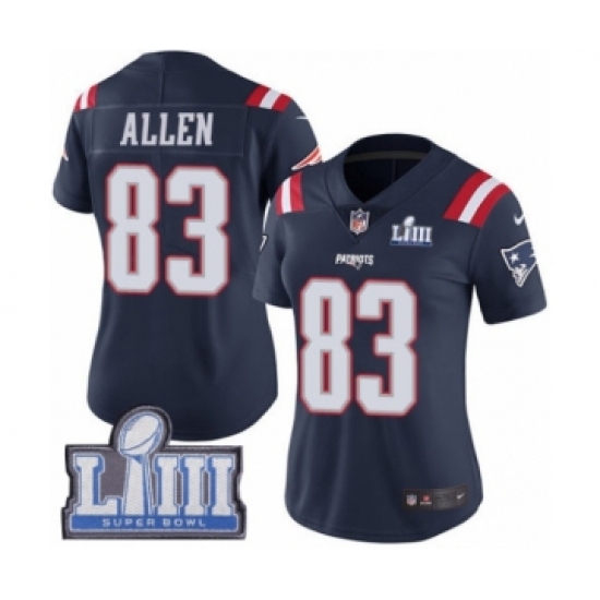 Women's Nike New England Patriots 83 Dwayne Allen Limited Navy Blue Rush Vapor Untouchable Super Bowl LIII Bound NFL Jersey