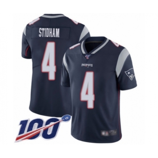 Men's New England Patriots 4 Jarrett Stidham Navy Blue Team Color Vapor Untouchable Limited Player 100th Season Football Jersey