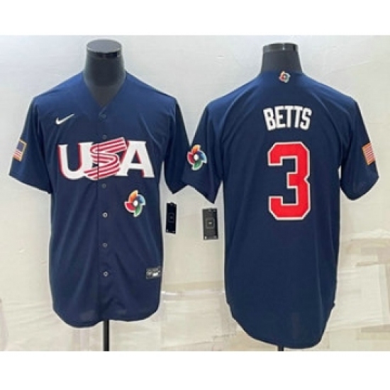 Men's USA Baseball 3 Mookie Betts 2023 Navy World Baseball Classic Stitched Jersey