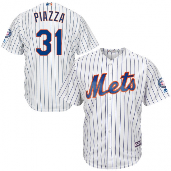 Men's Majestic New York Mets 31 Mike Piazza Replica White Home 2016 Hall Of Fame Sleeve Patch Cool Base MLB Jersey