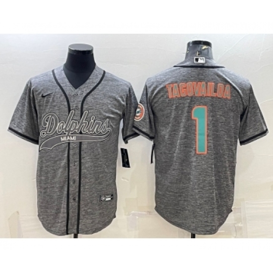 Men's Miami Dolphins 1 Tua Tagovailoa Grey Gridiron With Patch Cool Base Stitched Baseball Jersey