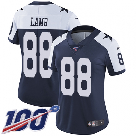 Women's Dallas Cowboys 88 CeeDee Lamb Navy Blue Thanksgiving Stitched 100th Season Vapor Throwback Limited Jersey